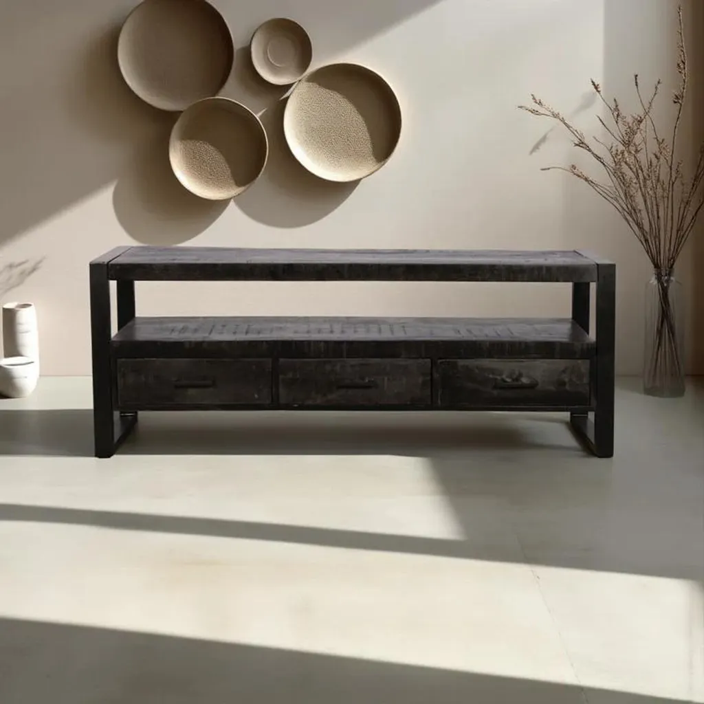 Banc TV industriel Zita Home bois massif noir et métal avec rangements