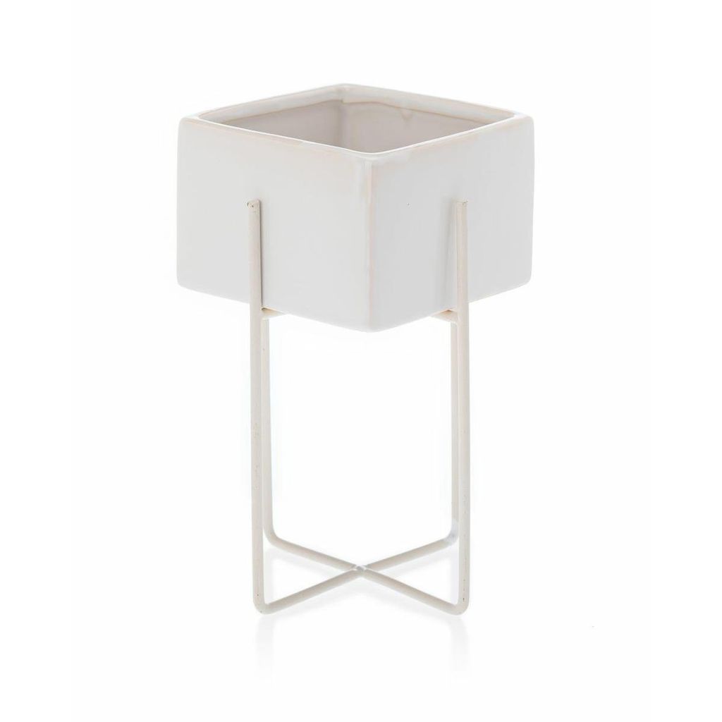 HowHomely Blumentopf Mizu 21 cm Höhe, Pflanzkübel mit Stander, Weiß Übertopf für garten balkon