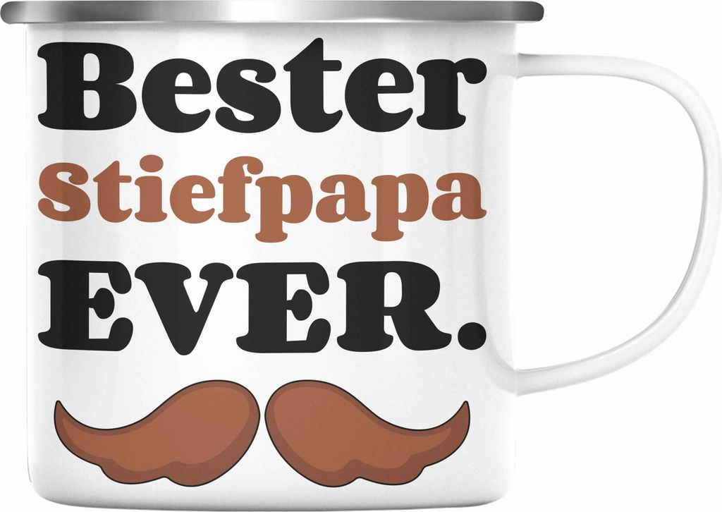 Trendation - Bester Stiefpapa Ever Geschenk Emaille Tasse Stiefvater mit Spruch Vatertag Geburtstag Vatertagsgeschenk (Silber)