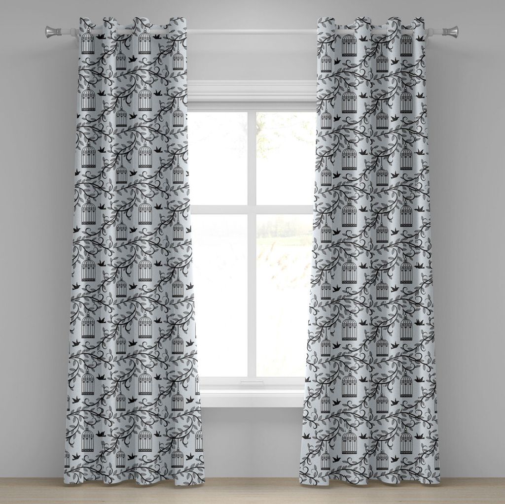 ABAKUHAUS Vögel Ösenvorhang, Aufwändige Käfige Des Baum Schattenbild Und Vogel Modernen Künstlerischen Druck, Dekorative 2-Panel-Fenstervorhä...