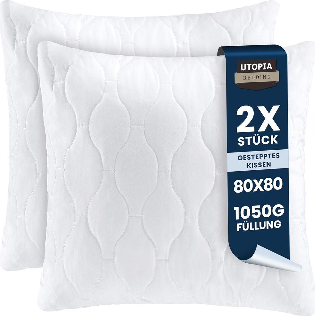 Utopia Bedding Kopfkissen 80x80 cm (2er Set), Gestepptes Kissen für Bett und als Dekokissen, Kissenfüllung, SofaKissen, Zierkissen Couch (Weiß)