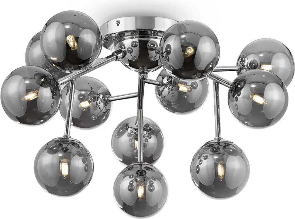 Grand plafonnier design 12 bras en chrome et verre fumé Ø 60 cm G9