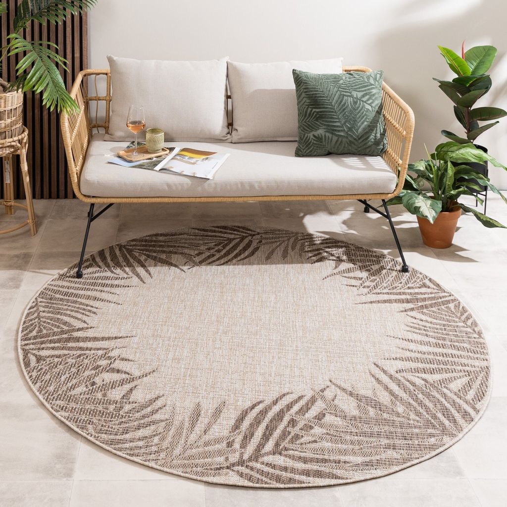Outdoor Teppich Rund - Tiga Edge Taupe - Ø 100 cm - Wohnzimmer, Balkon, Garten, Terrasse - FRAAI | Home & Living - Boho, Ländlich, Modern