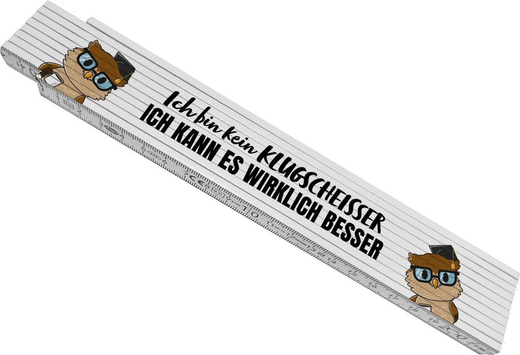 Besserwisser-Eule Meterstab aus Holz mit Spruch Kein Klugscheißer