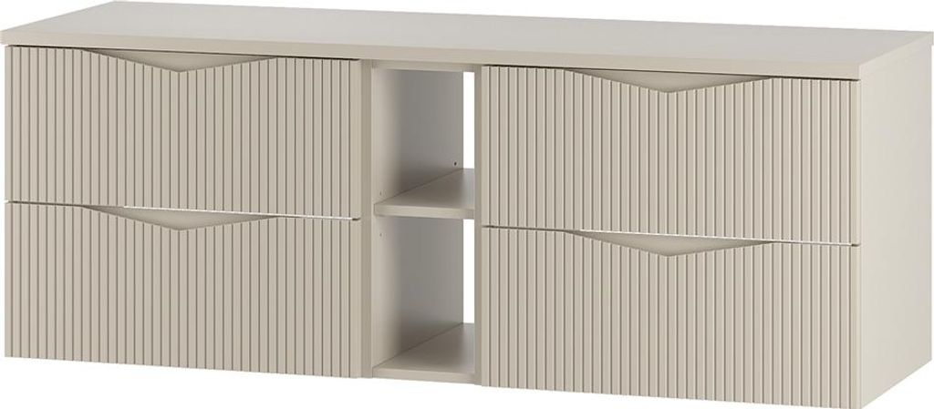 Badezimmer Doppelwaschtischunterschrank mit 140 cm Breite in beige mit gerillter Front, 4 Schubladen & 2 Fächer - CALURI-140
