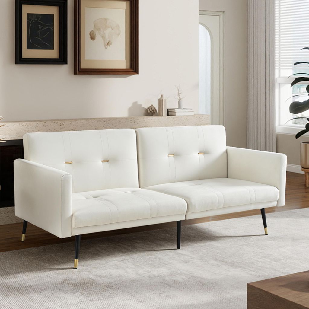 Klappbare 150 cm Schlafcouch als Futon-Sofa, 5-fach verstellbare Rückenlehne, Loveseat für kleine Räume, Gästebett, Beige