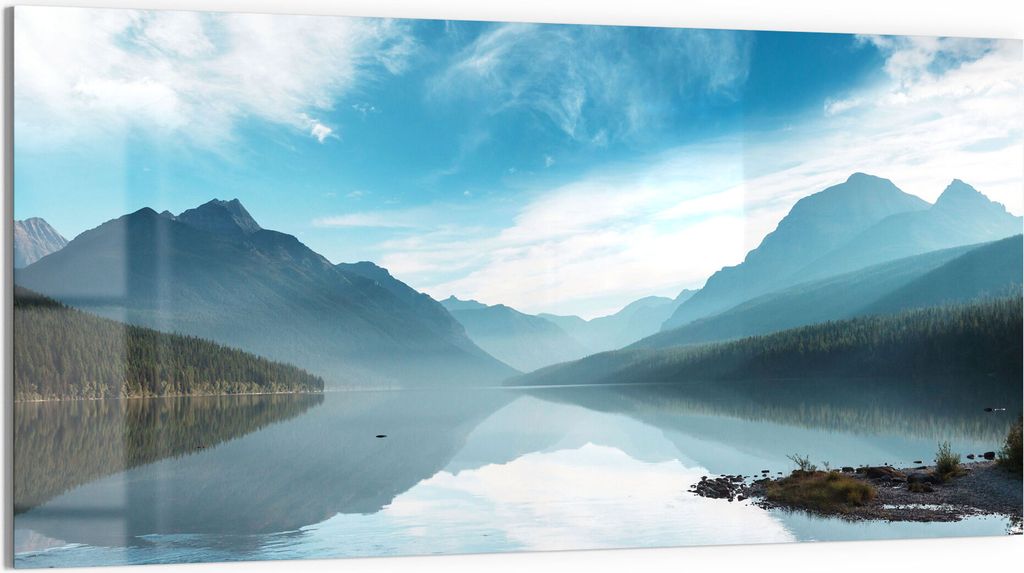 DEQORI Glasbild Echtglas 100x50 cm 'Blick über Bowman Lake' Wandbild Bild modern Deko