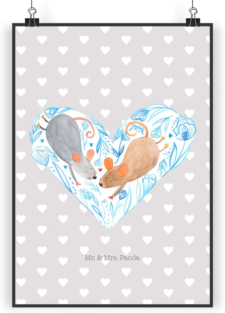 Mr. & Mrs. Panda Bild Mäuse Herz DIN A4 - Grau Pastell - Geschenk, Freundin, Hochzeit, wanddeko, Liebe, Wandbild, Plakat, Maus, kunstdruck poster,...