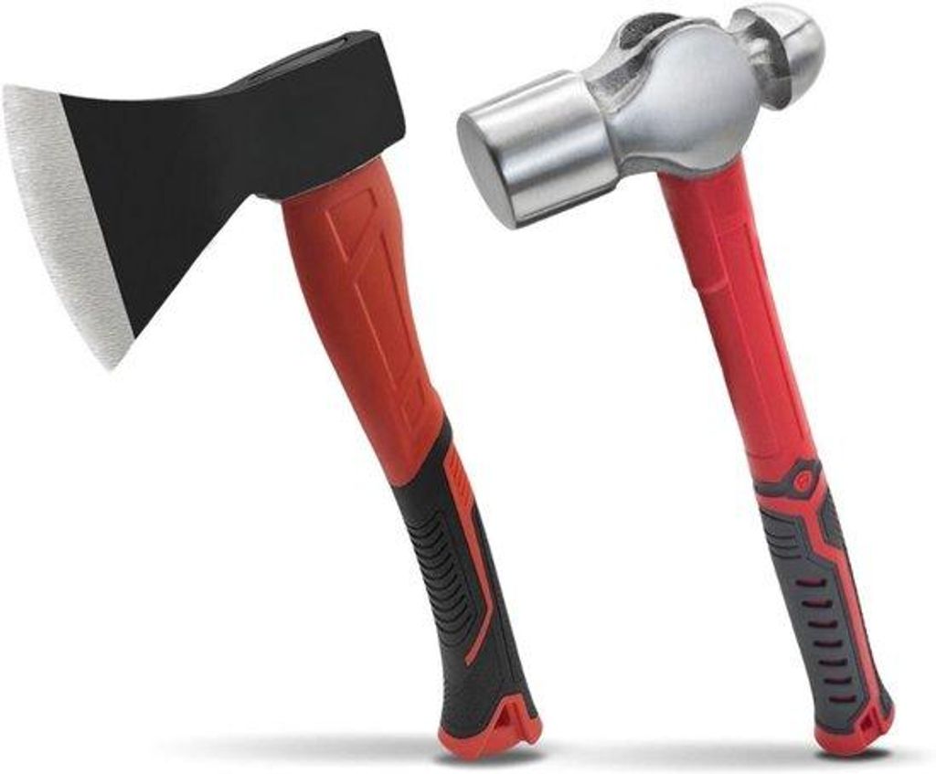 Famanu Outdoor Axt und 900g Kreuzklopfhammer Set - 35cm Camping-Axt mit geschmiedeter Stahlklinge & schwerem Metallhammer für Holzspalten -