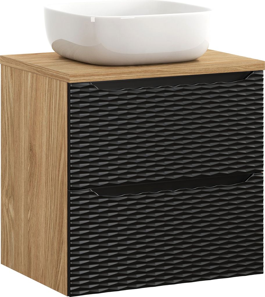 Waschtisch 60cm in Eiche mit schwarz, OLUO-56-BLACK, Front mit 3D-Struktur in Wellenoptik