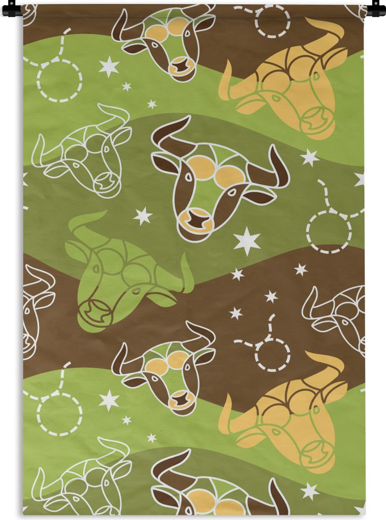 MuchoWow Wandteppich Wandbehang Stier - Tierkreiszeichen - Grün - Muster 90x135 cm Tapisserie Dekoration Wandtuch - Baumwolle - Wandskulptur