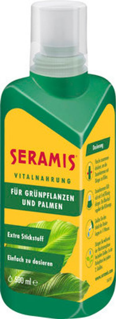 A bottle of Seramis Vitalnahrung for green plants and palms.