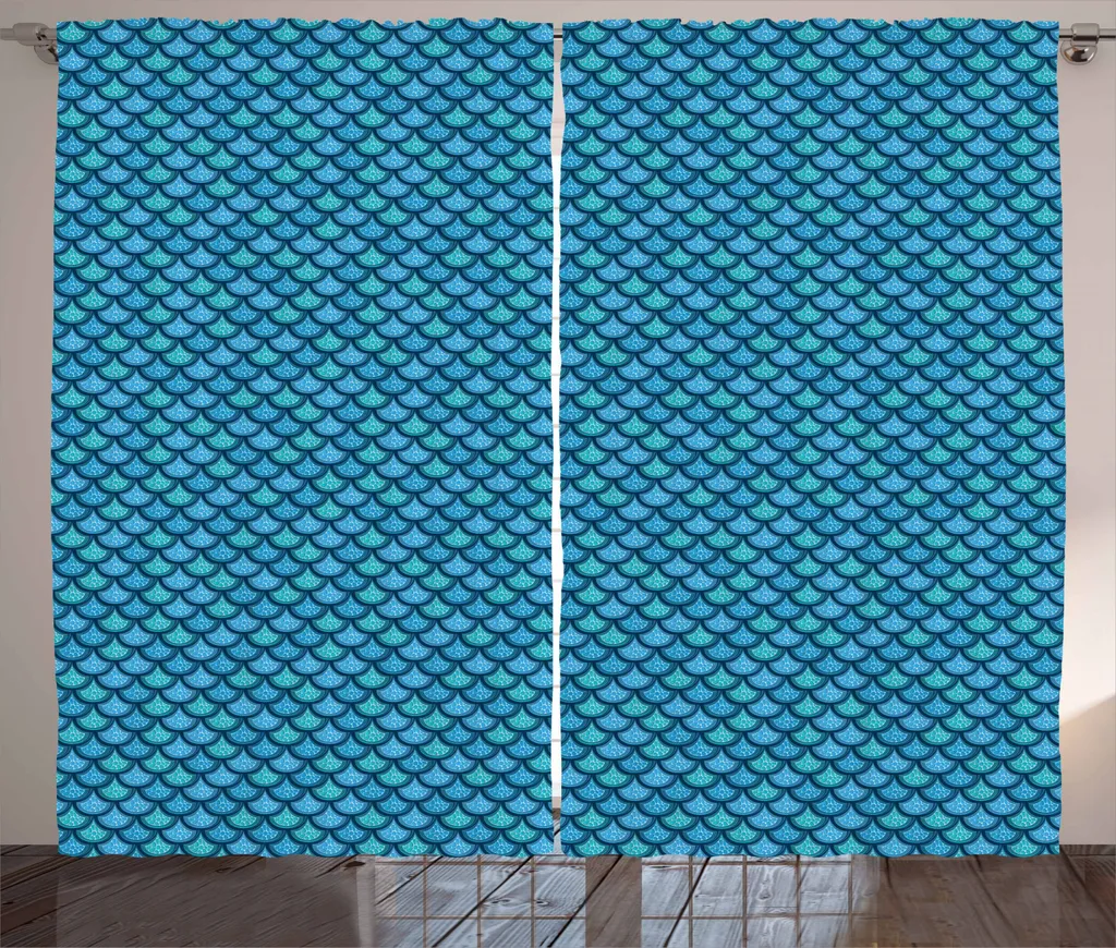 ABAKUHAUS Tenda rustica con motivo a squame di pesce, cerchi con gocce d'acqua, tenda universale per soggiorno con passanti e ganci, 280 x 245 cm, blu e turchese