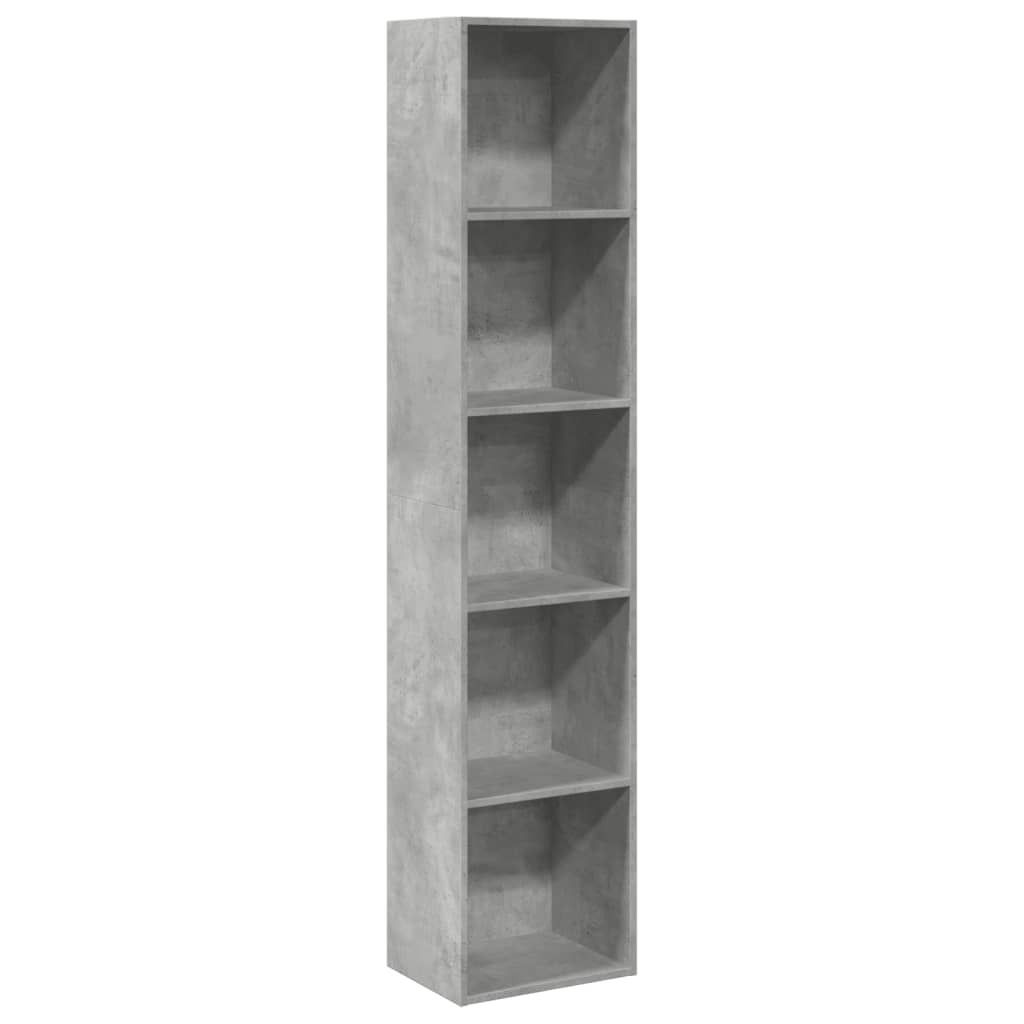 A tall, narrow, five-shelf bookshelf with a concrete-like finish, presented against a white background.