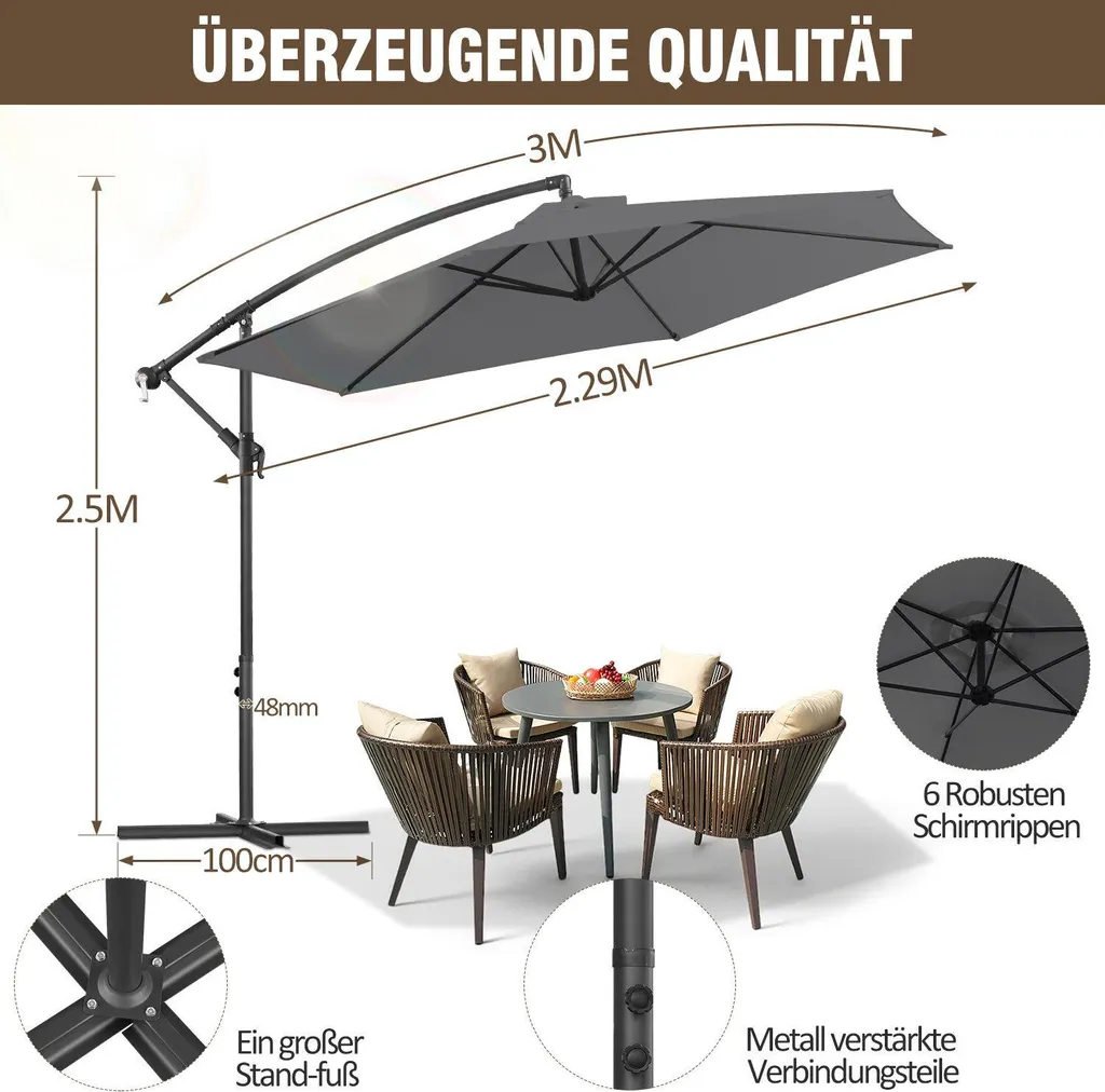 Ombrellone Izrielar 3 m grigio – Ombrellone moderno per terrazze, giardini e piscine - 2