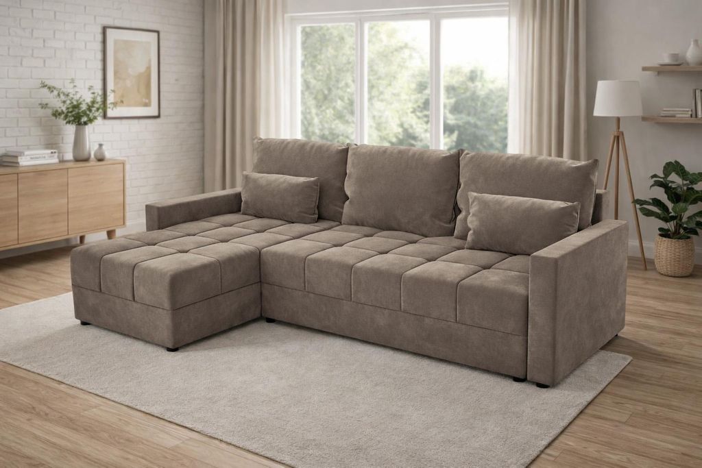 Ecksofa DOMINO L mit Schlaffunktion, Bettkasten, L-Form Sofa Beige, 226 cm, universal montierbar