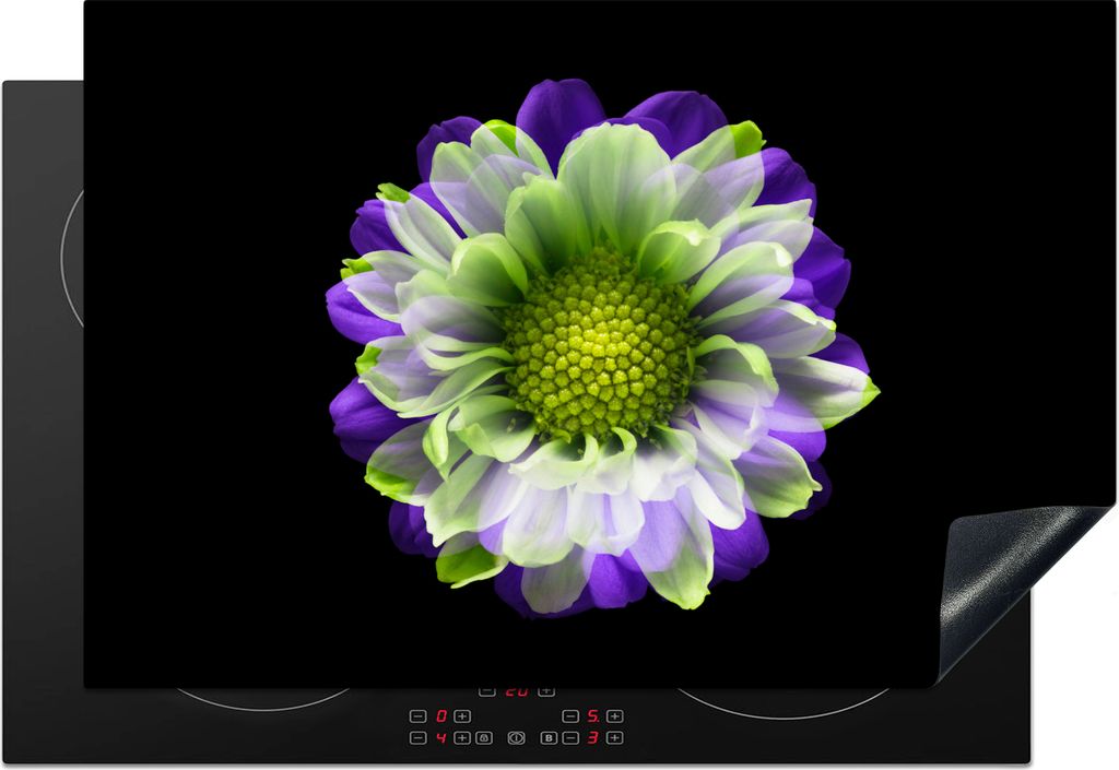 KitchenYeah Herdabdeckplatte Lila-grüne Blume auf dunklem Hintergrund , 76x51cm, Küche Deko, Glaskeramikkochfeld Herdabdeckung, Abdeckplatte f...