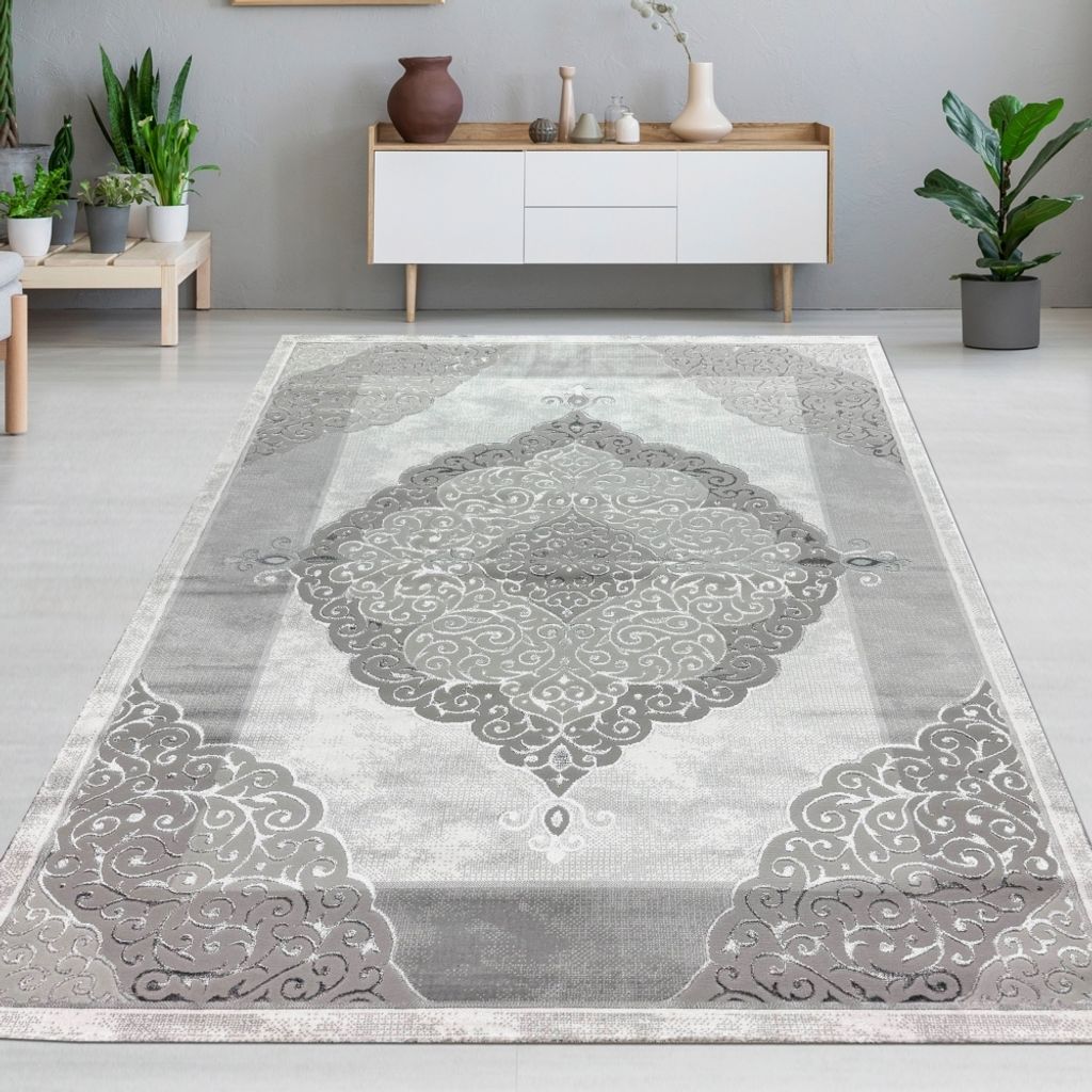 Designer Teppich Wohnzimmerteppich Ornamente barock creme grau Größe - 120 x 170 cm