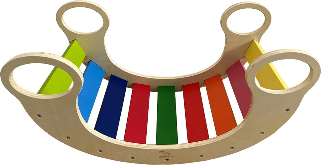 Balançoire arc-en-ciel Montessori : bascule et pont de jeu en bois