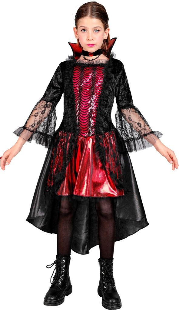 Vampir Kostüm Mädchen Schwarz-Rot - Gothic Vampirin Kleid Mit Halsband