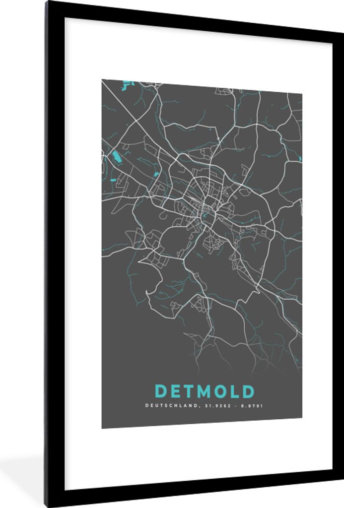 MuchoWow Gerahmtes Poster Karte - Detmold - Blau - Stadtplan - Deutschland 60x90 cm - Poster mit Schwarzem Bilderrahmen Wandposter Rahmen Foto Bi...