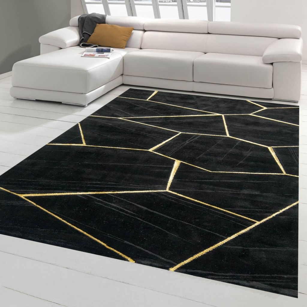 Teppich modern Wohnzimmerteppich geometrisches Muster in schwarz gold Größe - 240 x 340 cm