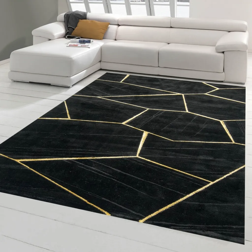 Tapis de Salon Géométrique 240x340 cm - Design Noir et Doré Moderne