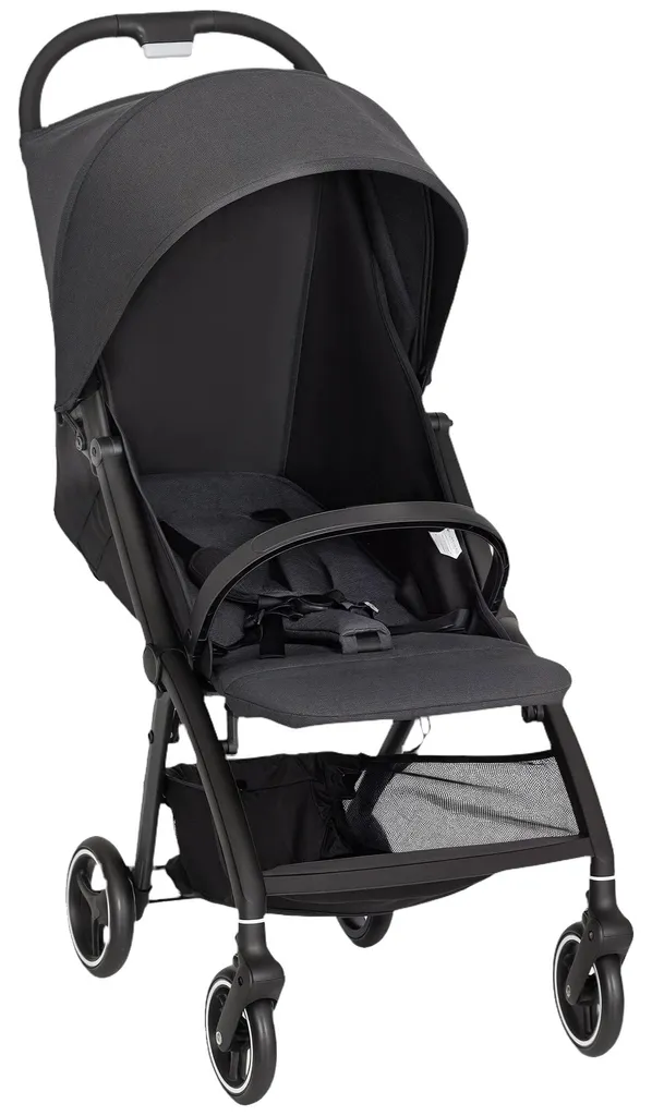 Poussette pliable grise avec harnais de sécurité à 5 points ajustable