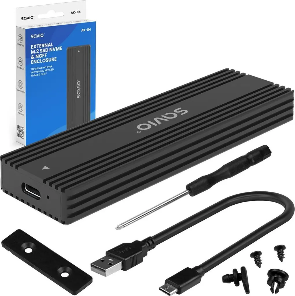 Savio AK-84 Boîtier SSD M.2 Noir - Idéal pour Transfert de Données et Backup