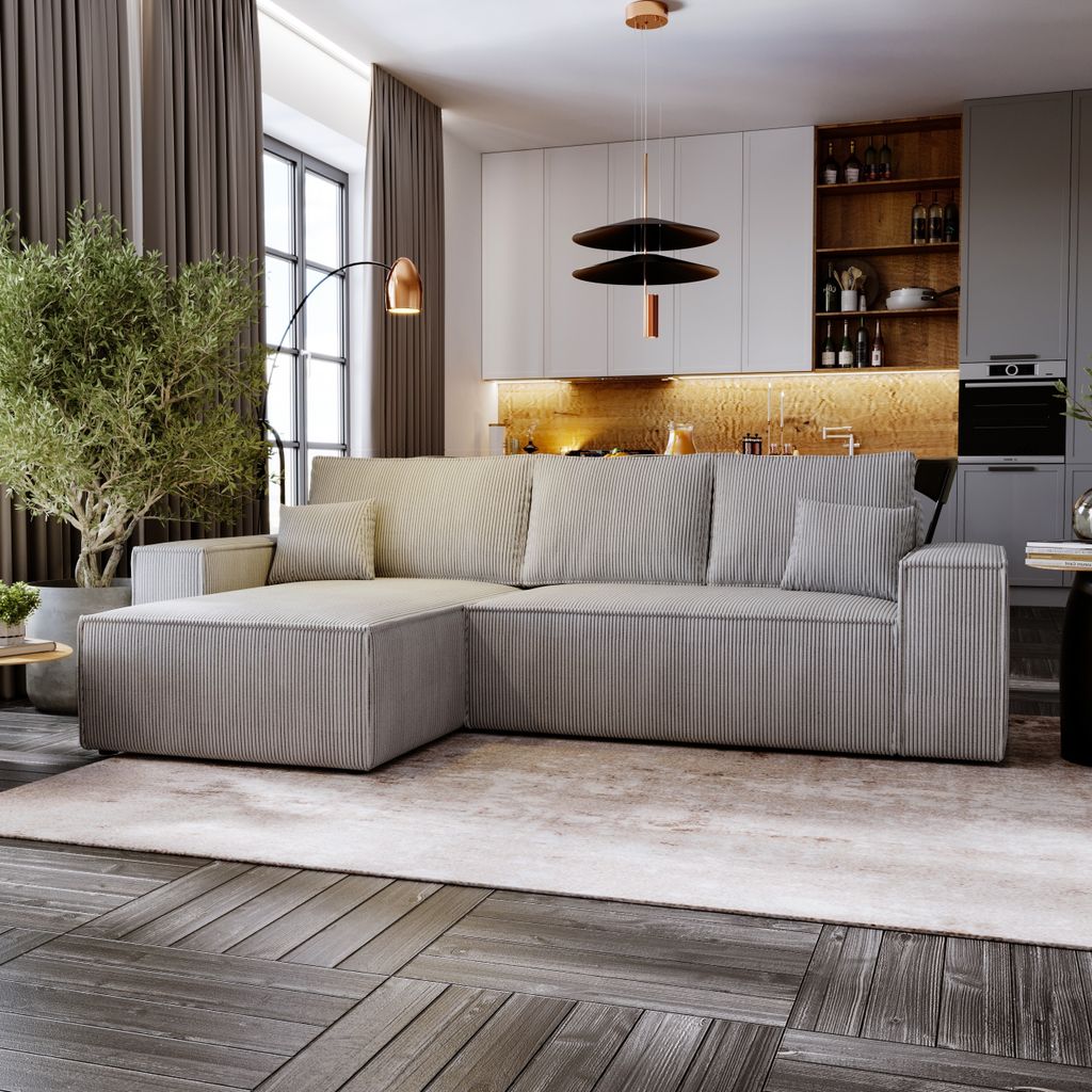 Ecksofa MOSEN L-form 279x181 cm mit Bettkasten und Schlaffunktion, linke Seite - Poso 55 / Grau