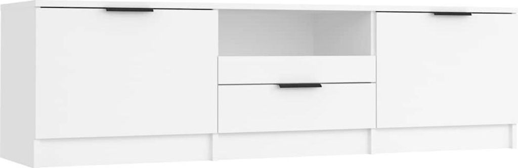 A white TV stand with two doors and two drawers.