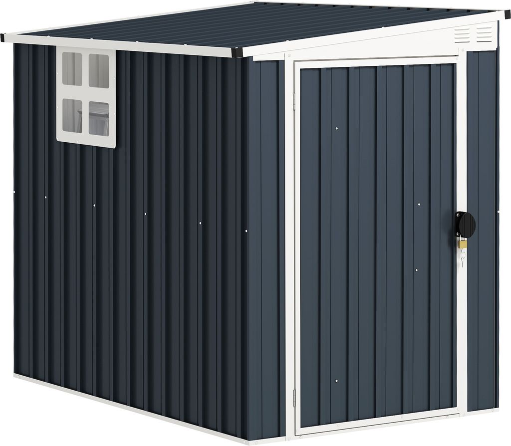 A dark gray metal garden shed with a white trim and a small window.