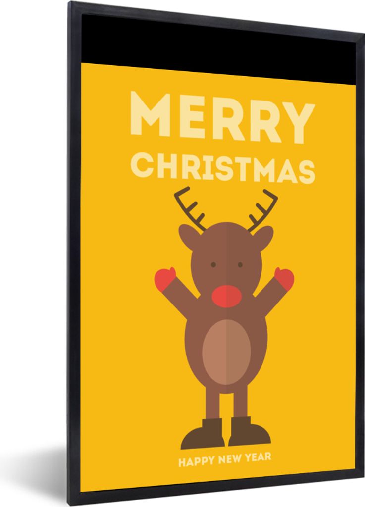 MuchoWow Gerahmtes Poster Weihnachten - Zitate - Illustration - Rentier - Frohe Weihnachten - Gelb 20x30 cm - Poster mit Schwarzem Bilderrahmen W...