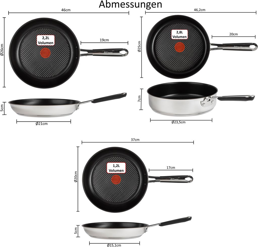 Tefal Jamie Oliver J90935 Induktionspfannen-Set 6-tlg. – 20cm & 26cm Pfannen, 25cm Schmorpfanne mit Glasdeckel, Titanium Excellence Antihaft
