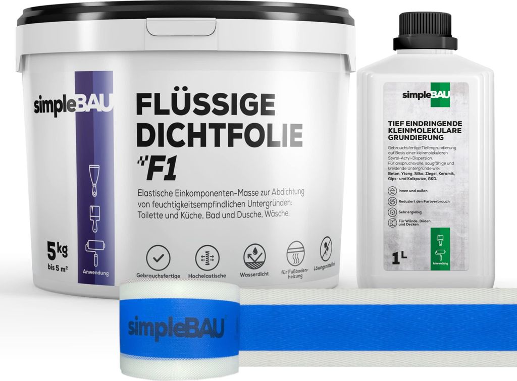 SimpleBau Flüssigfolie Dichtfolie F1 5 kg + Tiefengrund 1 L und Elastisches Dichtband 5M , Abdichtung für Bad, Dusche, Balkon , Innen & Außen