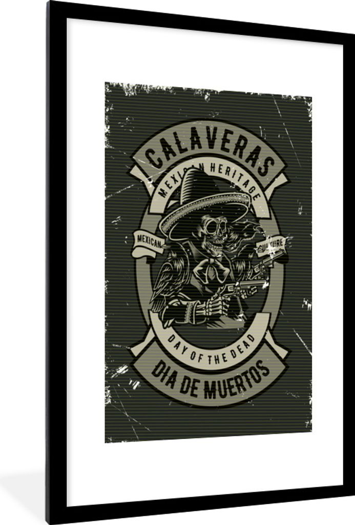 MuchoWow MuchoWow Gerahmtes Poster Skelett - Pistole - Hut - Retro 60x90 cm - Poster mit zchwarzem Bilderrahmen - Dekoration - Wandposter Wohnz...