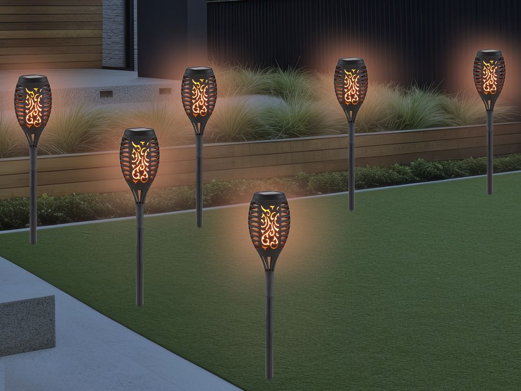Outdoor Solarfackeln Wegeleuchten 6er Set für den Garten, Solarleuchten schwarz