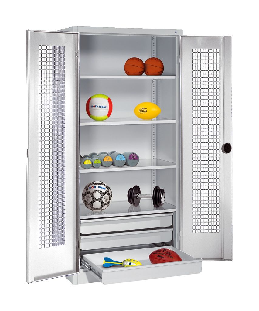 C+P Sportgeräteschrank mit Schubladen und Lochblech-Flügeltüren (Typ 4), HxBxT 195x120x50 cm, Ergo-Lock Muldengriff, Verkehrsgelb (RAL 1023), Li...