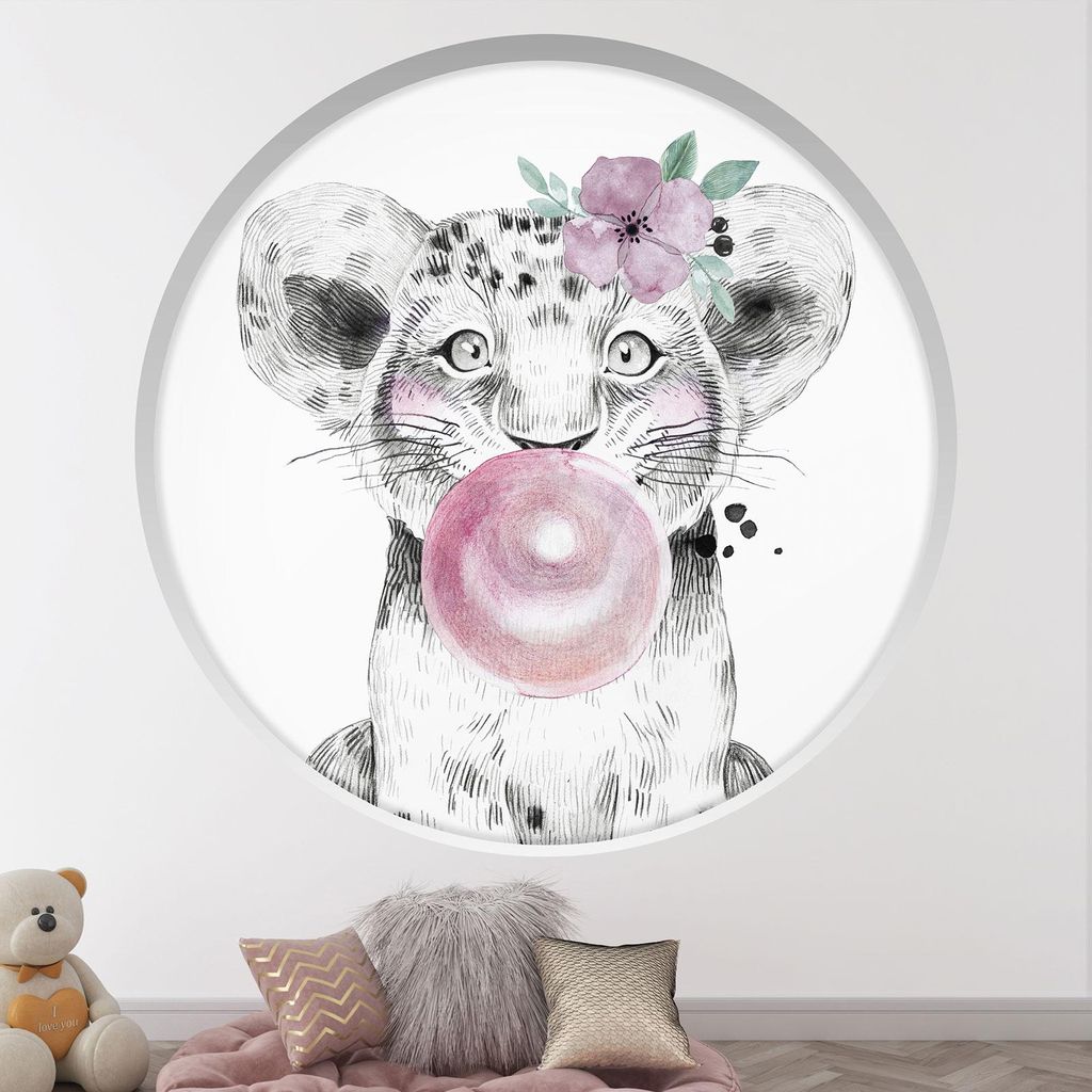 Trompe-l'oeil-Aufkleber Runder Bogen Kinder – Lumaléa – L?wenbaby in Blase – Durchmesser 90 cm