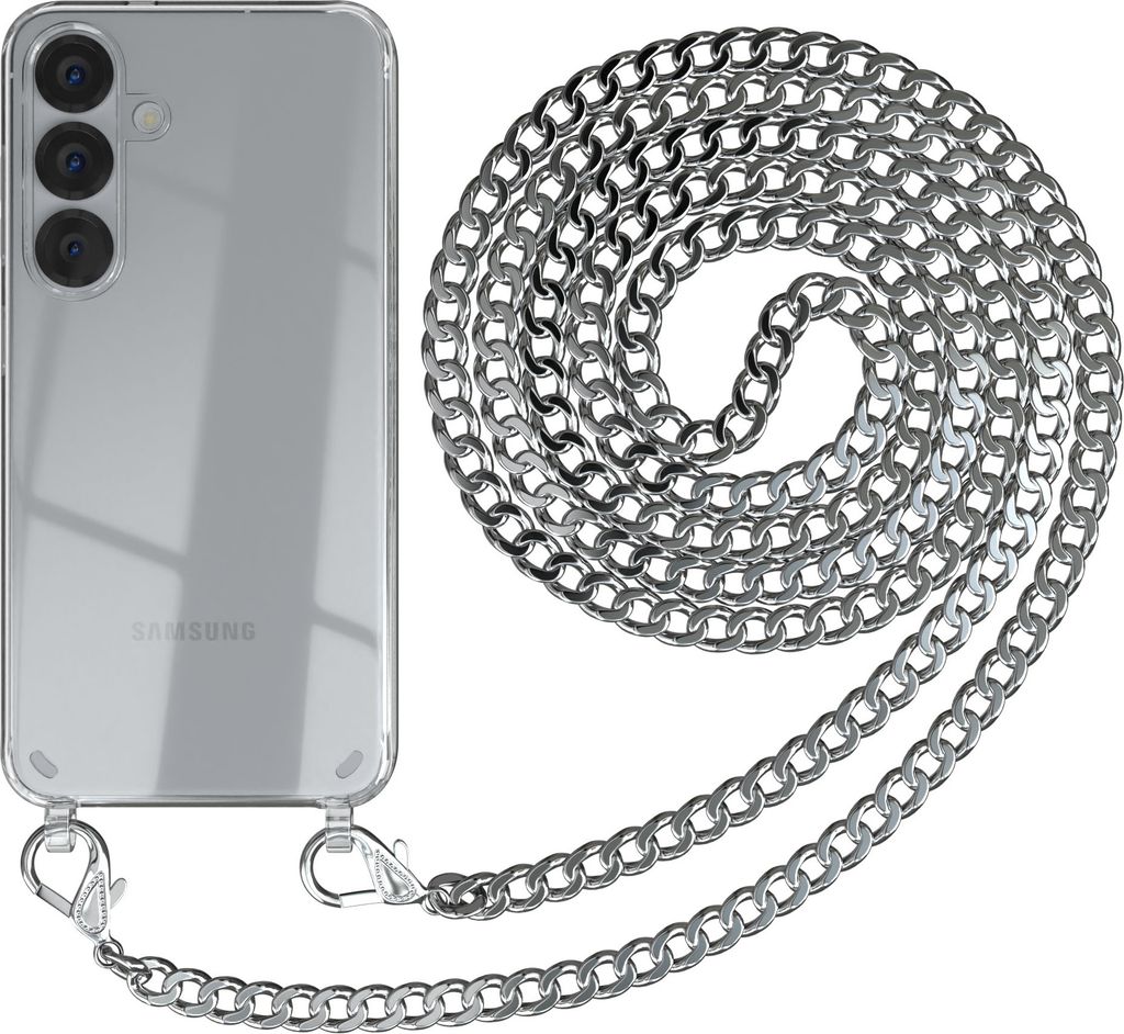 EAZY CASE Metall Handykette für Samsung Galaxy S25, Handyhülle mit Umhängeband, Silikonhülle, Metallkette für Smartphone in Silber