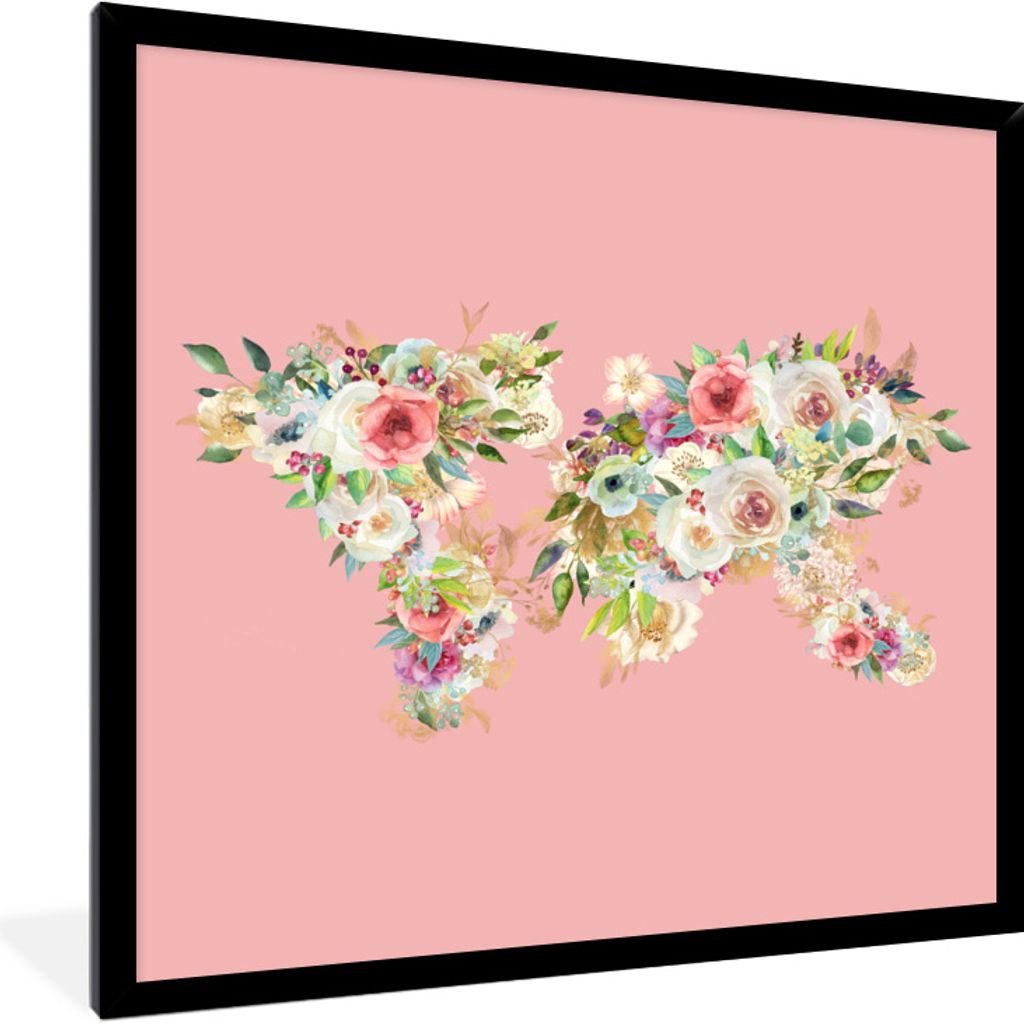 MuchoWow Gerahmtes Poster Weltkarte - Blumen - Pastell 40x40 cm - Poster mit Schwarzem Bilderrahmen Wandposter Rahmen Foto Bilder - Mit Rahmen - ...