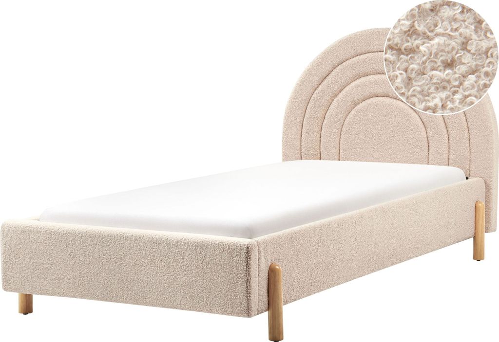 BELIANI Bett Beige Bouclé Gepolstert Lattenrost 90 x 200 cm Hohes Rundes Kopfteil Retro Schlafzimmer Möbel Ausstattung