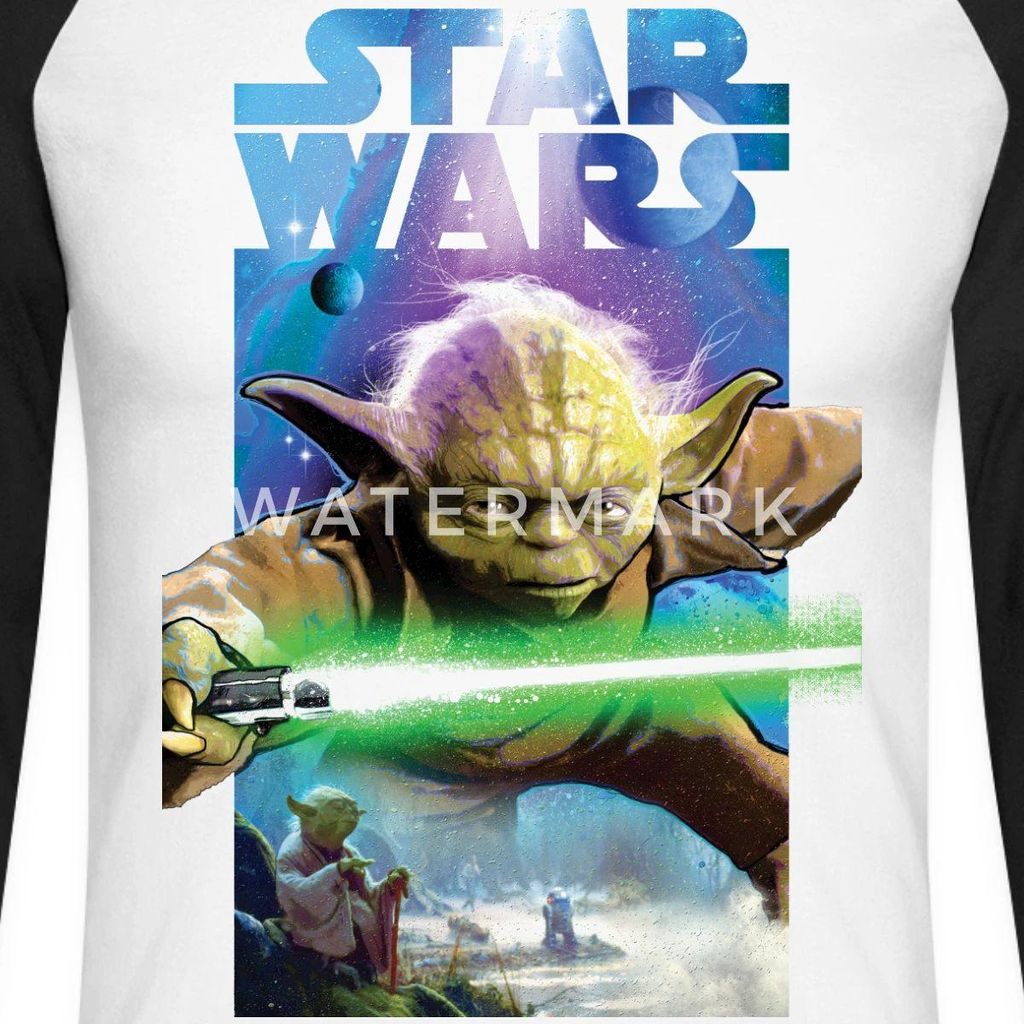 Star Wars Meister Yoda Und Grünes Lichtschwert Baseball Langarmshirt Herren, S, Weiß/Schwarz