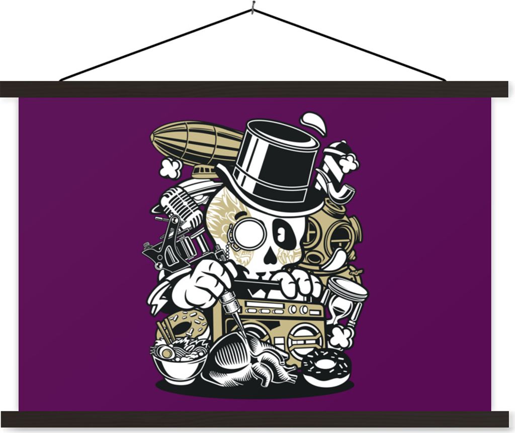 MuchoWow Textilposter Totenkopf - Radio - Vintage 150x100 cm mit schwarzem Rahmen - Schlafzimmer