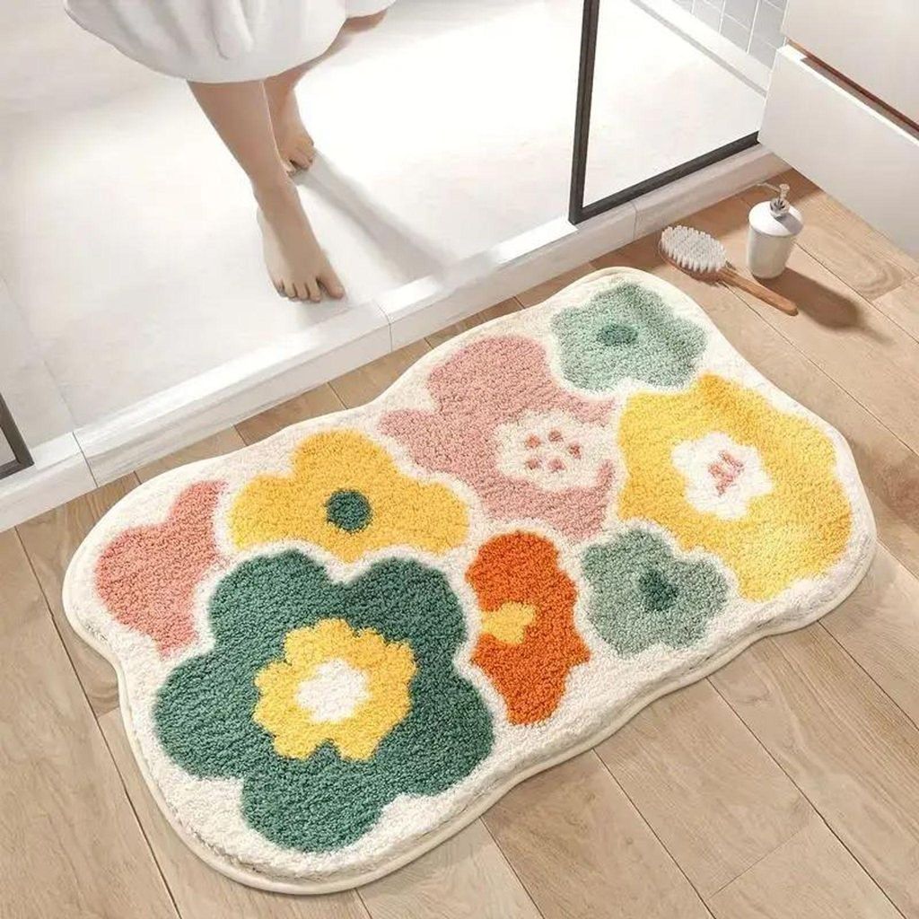 Badezimmer Teppich mit Blumenmuster 40 x 60 cm l Rutschfeste Bodenmatte - Weiche & saugfähige Badmatte für Dusche, WC oder Waschplatz