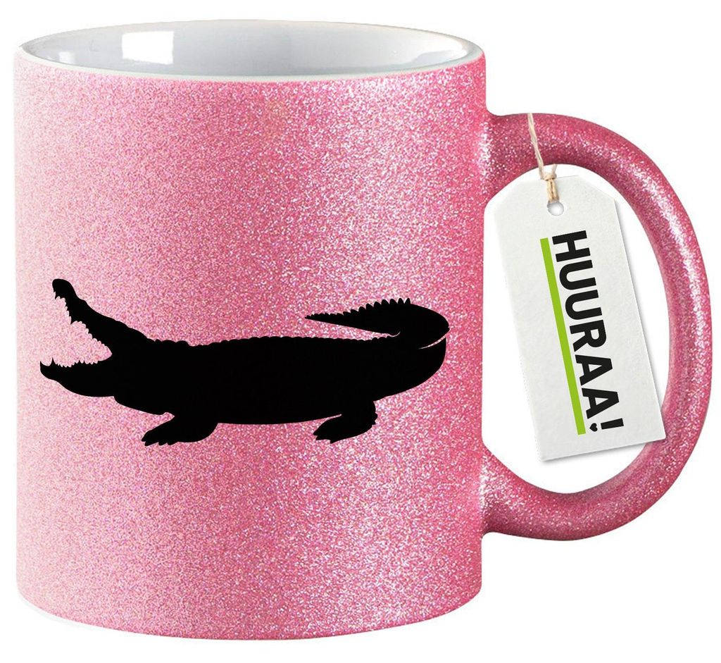 Huuraa Glitzertasse Krokodile Silhouette 330ml Pink Keramik Kaffeebecher Geschenkidee