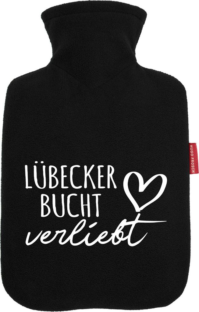 Huuraa Wärmflasche Lübecker Bucht verliebt 1,8 Liter Black Classic Veloursbezug Bettflasche Geschenkidee