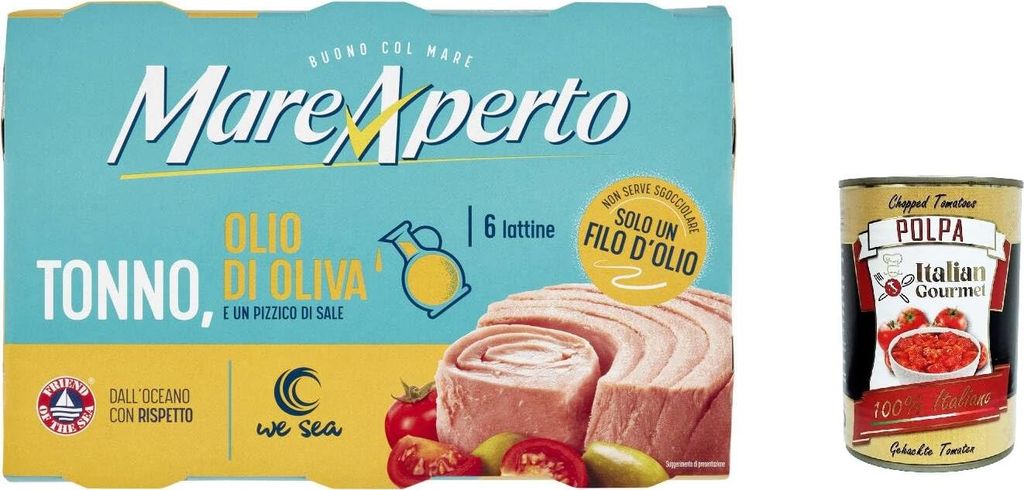 3x Mare Aperto Tonno Thunfisch mit einem Spritzer Olivenöl Thunfisch konserven wilder Thunfisch 360g (6x60g) + Italian Gourmet polpa 400g