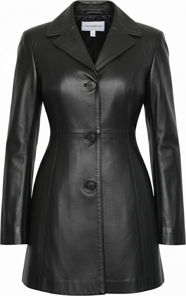 Damen Ledermantel Trenchcoat echtleder Mantel aus Lammnappa Leder Schwarz, Größe:48