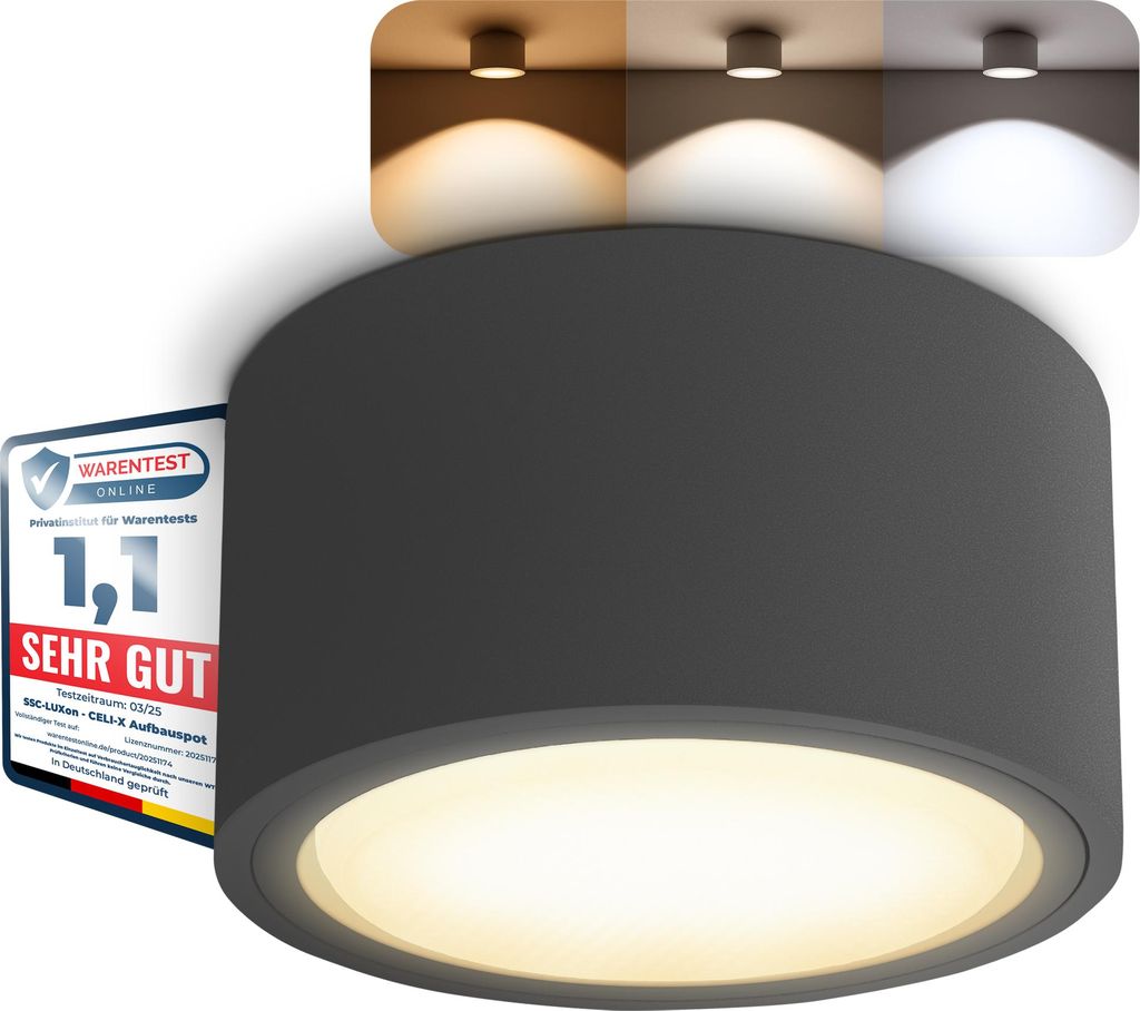 SSC-LUXon CELI-X LED Spot Strahler Decke anthrazit flach rund - Aufputz Downlight 230V mit 3W GX53 - LumiFLEX 3CCT Lichtfarbe warmweiß neutralwei...